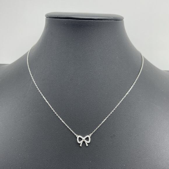 Sterling Silver 925 Sparkly CZ Bow Pendant Necklace 16" Dainty Minimalist - Picture 2 of 7